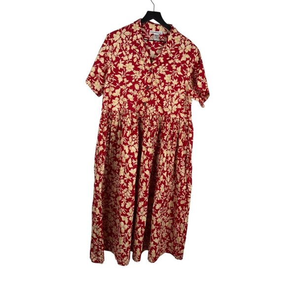 Serengeti Dresses & Skirts - Serengeti Women's Retro Floral Midi Garden Shirt Dress Red Tan Size 1X